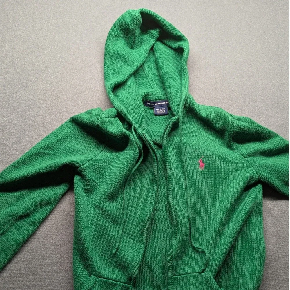 Ralph Lauren Sport Green Cotton Knit Full Zip Hoodie Pink Pony Kids M Women XS